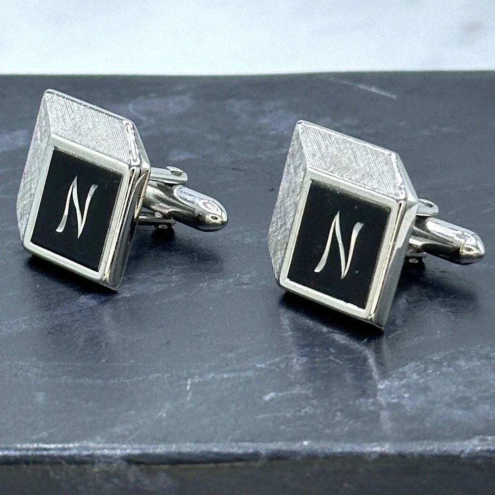 Swank Vintage Silver Tone Etched Monogram Initial N Letter Bullet Back Cufflinks